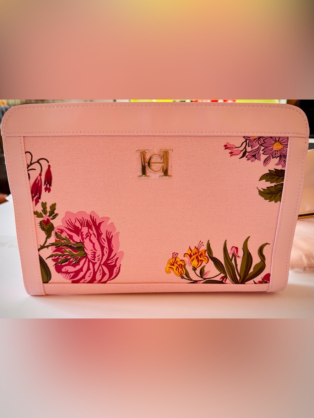 Carolina Herrera Pink Floral Cosmetic Pouch with Gold CH Emblem